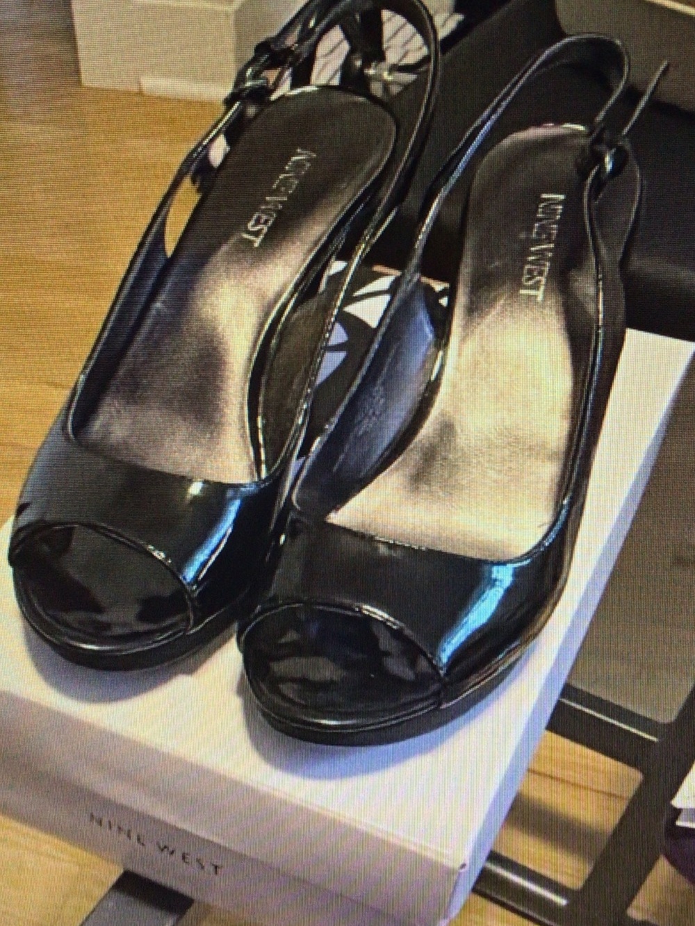 Nine West Black Patent Peep Toe Slingback Heels